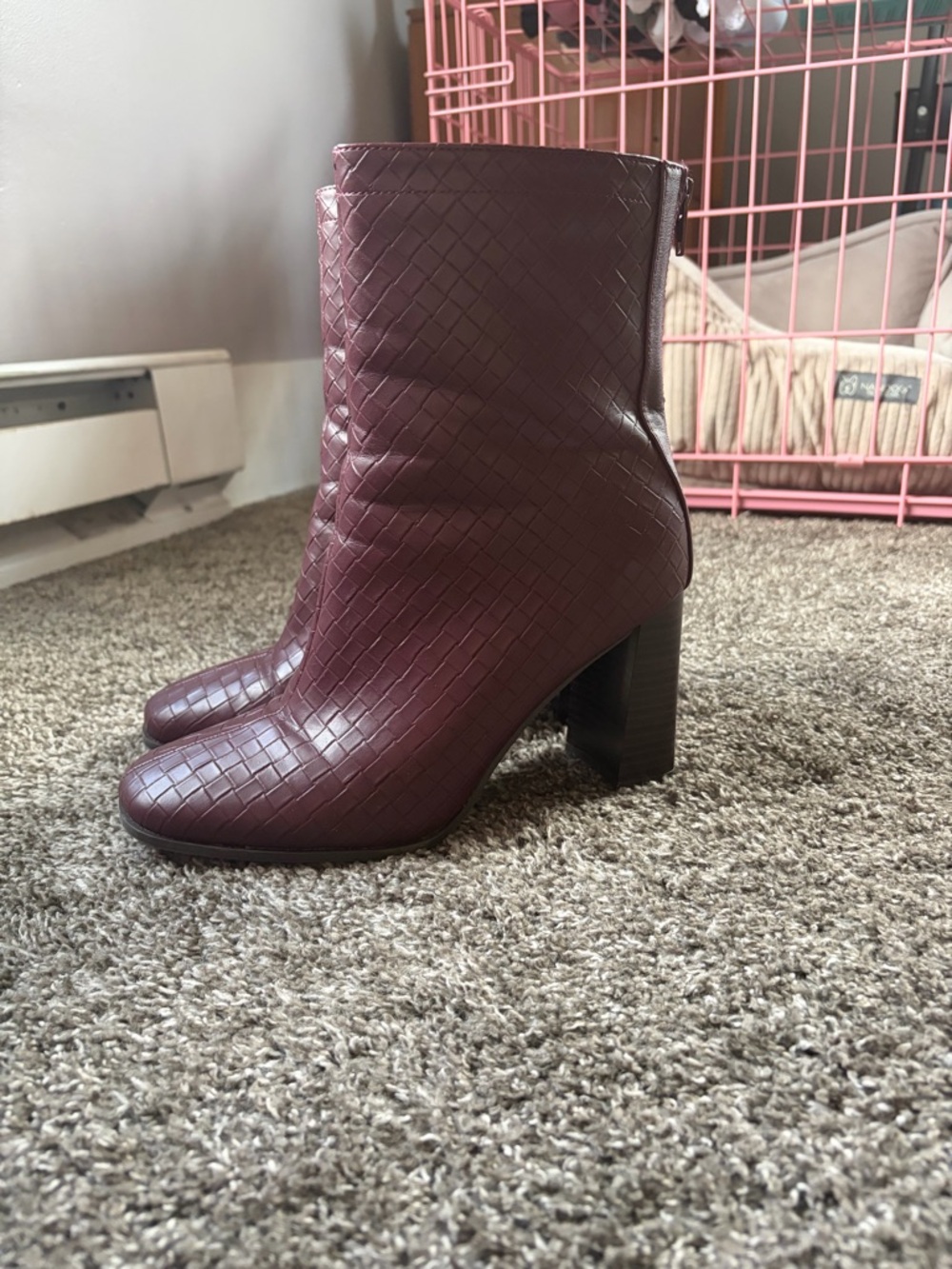 Woven Leather Block Heel Ankle Boots - Burgundy 8.5